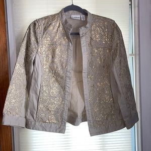 Chicos, tan & gold lace jacket.